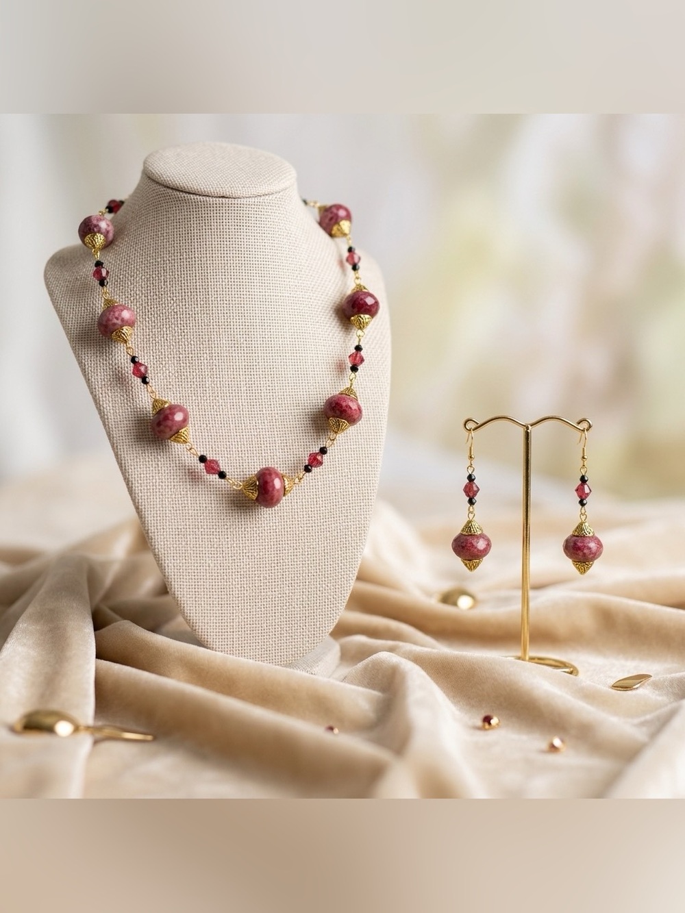 Red Stone and Swarovski Crystal Necklace & Earrings Set - Picture 2 of 4